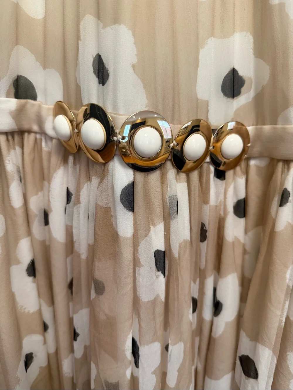 kate spade Beige Floral Midi Dress with White Flowers and Black Centers